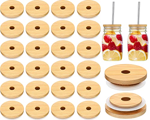 Bamboo Jar Lids with Straw Hole Reusable Bamboo Jar Lids Leak Proof Glass Canning Drinking Storage Jars Canning Lids with Silicone Ring for Regular Mouth Mason Canning Jar (100 Pieces)
