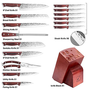 Kitchen Knife Set,imarku 16-Piece Knife Set With Block,Professional German Stainless Steel Knife Set with 6 steak knives and Knife Sharpener,Unique Hammered Design