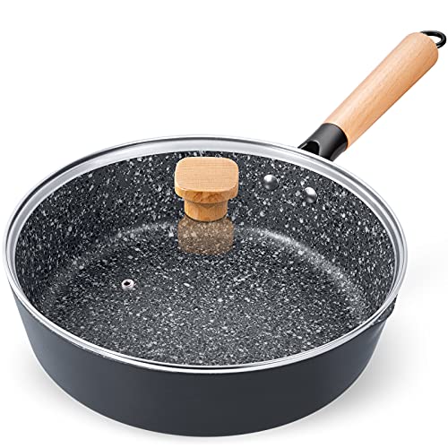Nonstick Deep Frying Pan with Lid, 11-inch Saute Pan Skillet with Wood Detachable Handle, Granite Stone Coating Cooking Pan, Grey