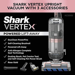 Shark AZ2002 Vertex Powered Lift-Away Upright Vacuum with DuoClean PowerFins, Self-Cleaning Brushroll, Large Dust Cup, Pet Crevice Tool, Dusting Brush & Self-Cleaning Pet Power Brush, Silver/Rose Gold