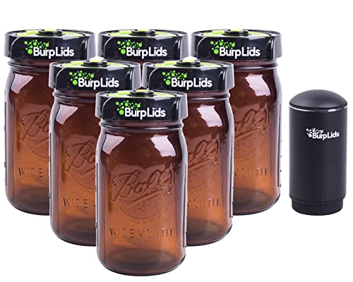 Burp Lids 6 Pack 32oz Amber Jars Curing Kit With NEW AUTO PUMP - Fits All Wide Mouth Mason Jar Containers - 6 lids + 6 Amber Glass Jars + Electric Auto Pump. Vacuum sealed for successful cure.