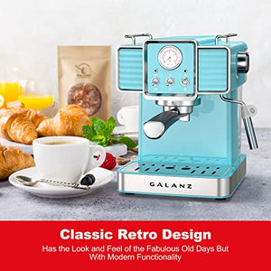 Galanz Retro Espresso Machine with Milk Frother, 15 Bar Pump Professional Cappuccino and Latte Machine, 1.5L Removable Water Tank, Retro Blue, 1350 W
