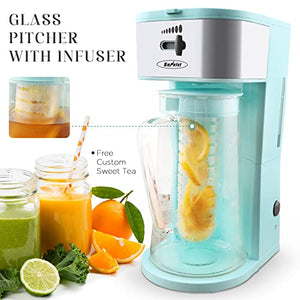 Iced Tea Maker, Sunvivi Ice Tea Maker with 3 Quart Thickened Glass Pitcher, Tea Maker with Infusion Tube, Perfect For Customized Fruit Tea, Iced Coffee Brewer with Strength Selector, One-touch Control Button with Illumination, 120V, Turquoise