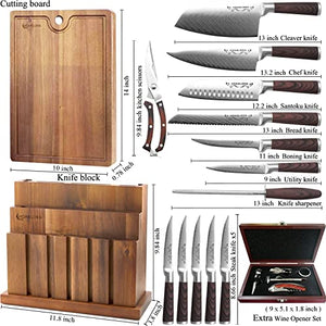German Stainless Steel Forged Knife Block Set, HOABLORN Acacia Knife set Series AK01. Global Kitchen Knife set of 15 Pcs and 5Pcs Professional Wine Set.Perfect Gifts for Family Kitchen or Chefs
