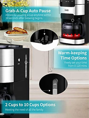10-Cup Drip Coffee Maker, Brew Automatic Coffee Machine with Built-In Burr Coffee Grinder, Programmable Timer Mode and Keep Warm Plate, 1.5L Large Capacity Water Tank, Removable Filter Basket, 900W