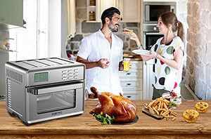 EUROTO [Newest 2021] Stainless Steel Large Capacity 26.8 QT Air Fryer Oven, 24 in 1 Multi-function, 360 Air Circulation Toaster Oven, LCD digital Display, 4 Layer Shelves, Included Oven Gloves & Apron Up to 450°F, 1800W