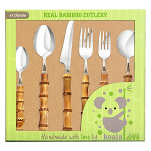 Bamboo Silverware Set, Natural Bamboo Utensils Cutlery, Hand Crafted Bamboo Flatware Set, Handmade With Love By KoalaLove! (8 Sets, 48 Cutlery Pieces, Silver)