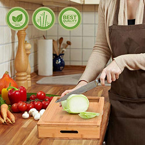 NOONCHIHOME 100 Percent Bamboo Cutting Board with 4 Sliding Drawer Trays and lips. Complete Set for Kitchen, Large 17.22 x 12.15 x 3.05 inches with Handles. Lightweight, Easy to Clean