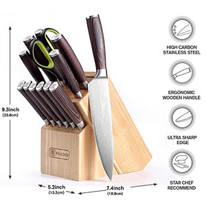 PAUDIN Kitchen Knife Block Set, 14 Pieces Knife Sets for Kitchen with Block, High Carbon German Stainless Steel and Pakkawood Handle Knife Set with Block, Sharp Kitchen Knife Sets with Block