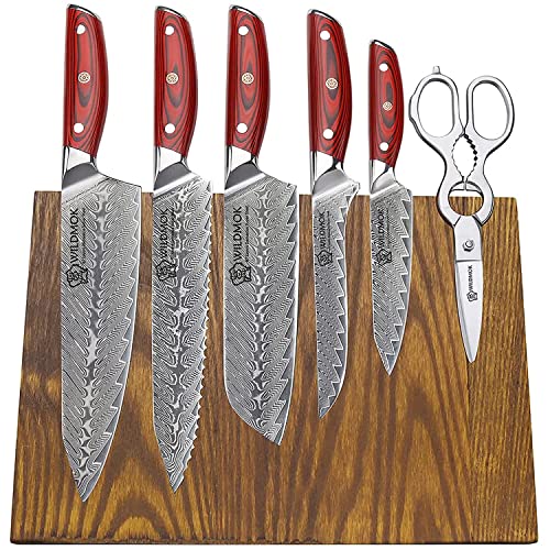 WILDMOK 7pcs Kitchen Knives Block Set Professional Forging Damascus Steel Knife Set with Ash Wood Magnetic Knife Holder Block Perfect Cutlery Set Gift