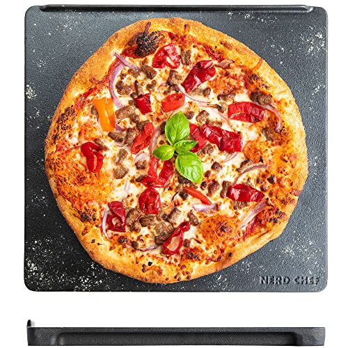 NerdChef Speed Steel - High Performance Pizza Baking Stone | Integrated Backstop & Handles | Heating Fins (13.5" x 14.5" x .90" Thick)