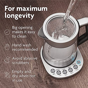 Electric Glass Kettle and Tea Maker with Removable Infuser and Temperature Controls. Brewing Programs for your favorite types of teas and Coffees. Stainless Steel Glass Boiler. BPA-FREE 1.6 liters