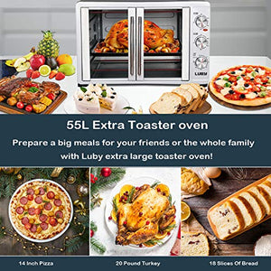 LUBY Large Toaster Oven Countertop, French Door Designed, 55L, 18 Slices, 14'' pizza, 20lb Turkey, Silver