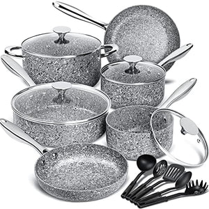 MICHELANGELO Pots and Pans Set 15 Piece, Ultra Nonstick Kitchen Cookware Sets with Stone-Derived Coating, Stone Cookware Set with Untinsle Set & Stone Cookware Set 10 Piece